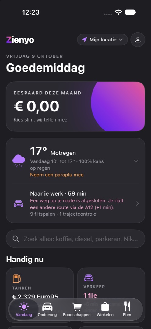 Vandaag: wat je bespaart, het weer, je rit en slim zoeken