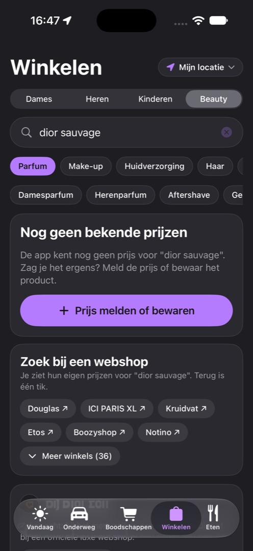 Zoeken naar een parfum: nog geen bekende prijs, en zoeken bij webshops